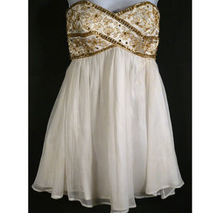 DUSK Prom White Strapless Gold Bead FLIRTY Dress